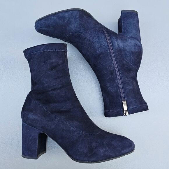 Blue Suede Boots Aquatalia Briana Size 7 Weatherproof Leather Bootie Zip Heeled - Picture 12 of 13